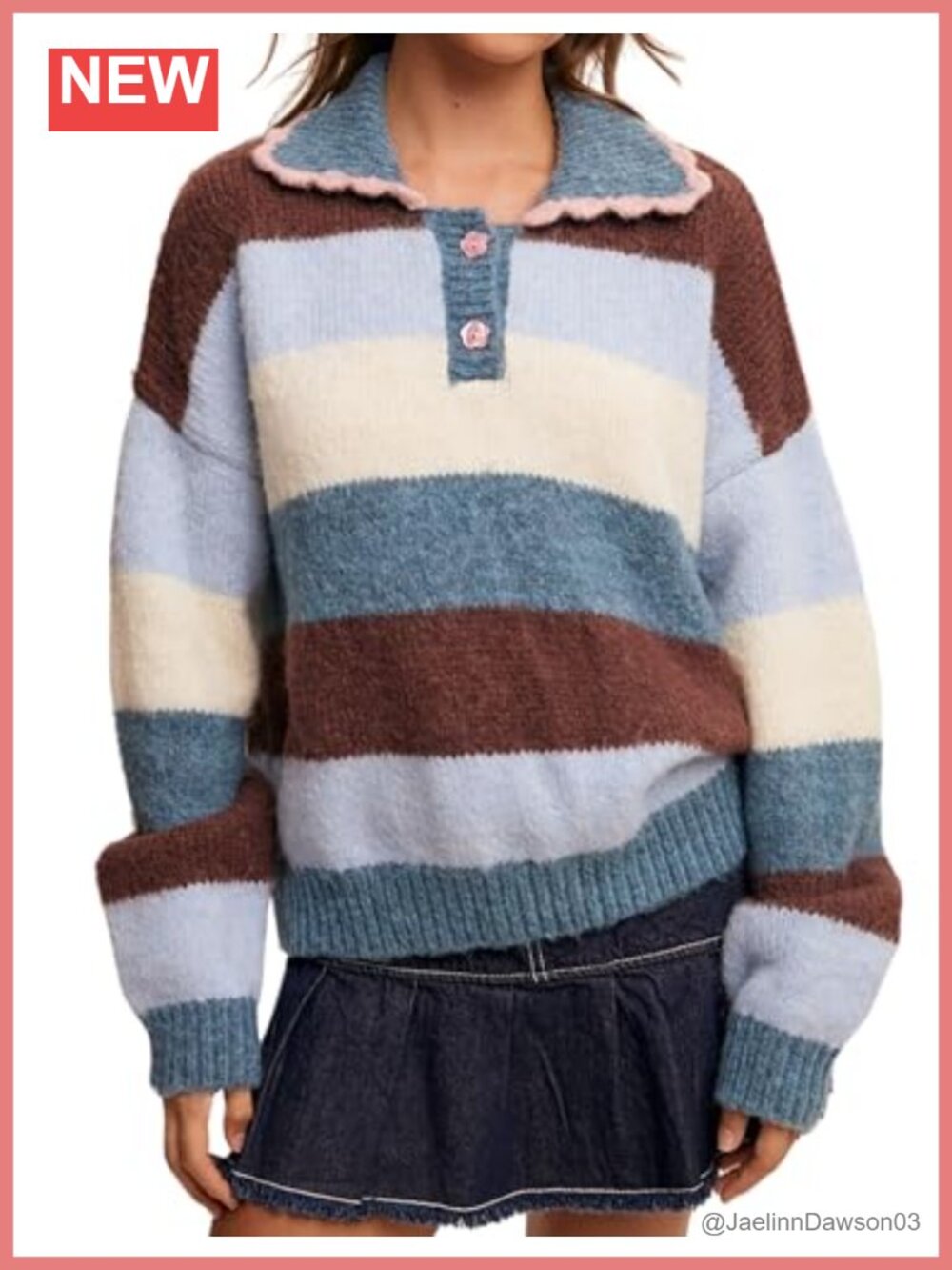 Meyhad Women's Striped Fuzzy Knit Pullover Sweater Scalloped Collar Loose Fit